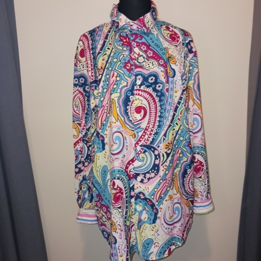 Colorful Boho Paisley Print Long Sleeve Button Down Tunic Shirt Blouse Top 3XL
